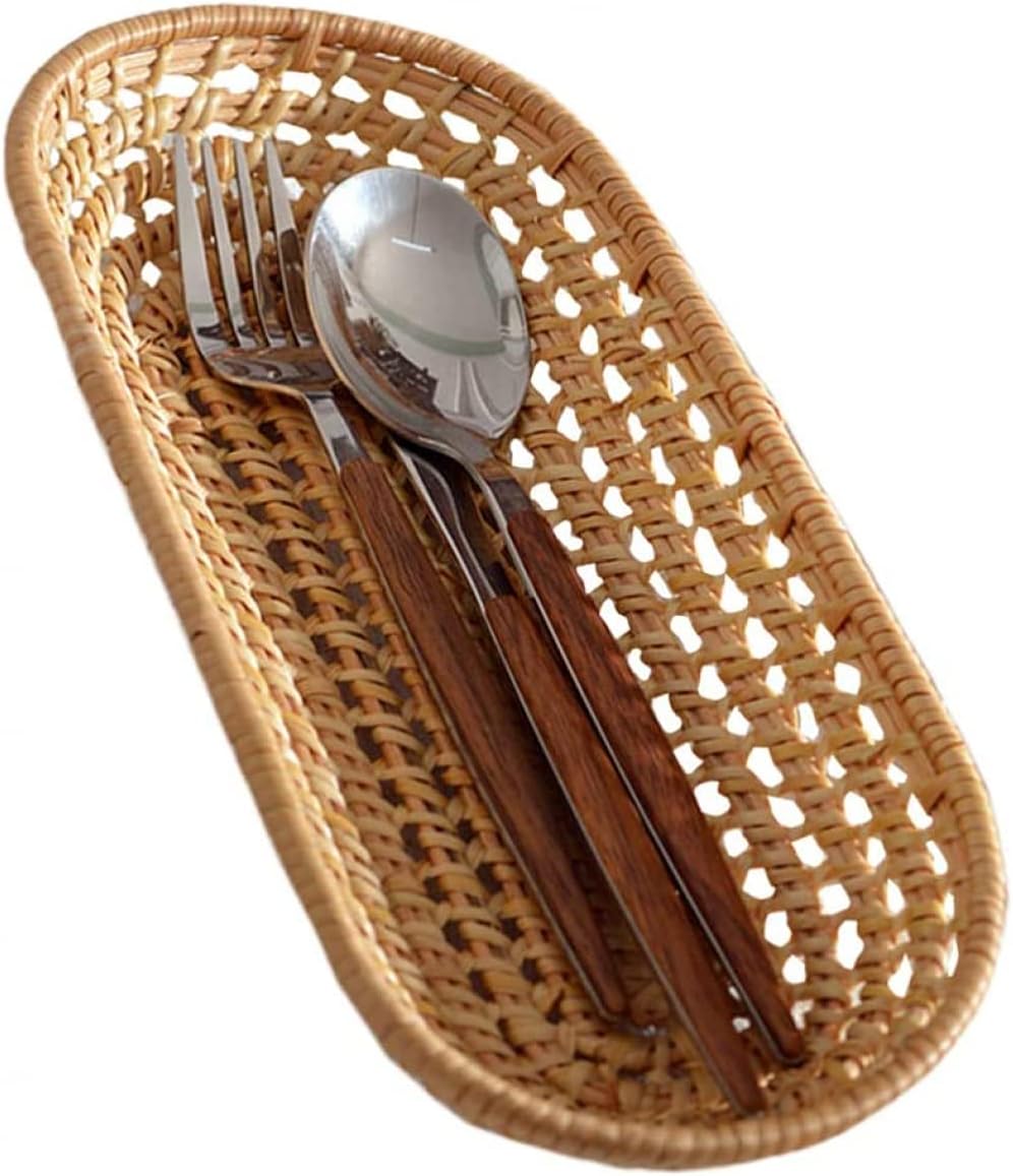 Rectangular Willow Bread Basket Natural Wicker Fruit Basket Vegetables Serving Basket Flatware Organiser-S