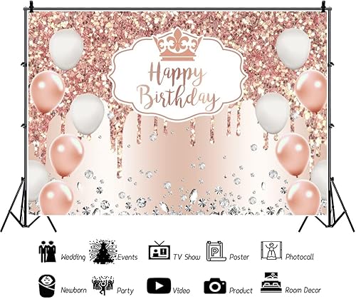 Miniatura 2 de OERJU Telón de fondo de cumpleaños de oro rosa con lentejuelas y diamantes con purpurina rosa para mujeres y niñas, decoración de fiesta de
