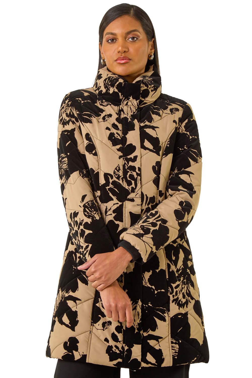 Roman Originals Women's Cream Roman Orginals Flock Coat For Uk - Everyday Autumn Winter Funnel Neckline Comfy Soft Evening Vacation Work Party Night Out - Size 14