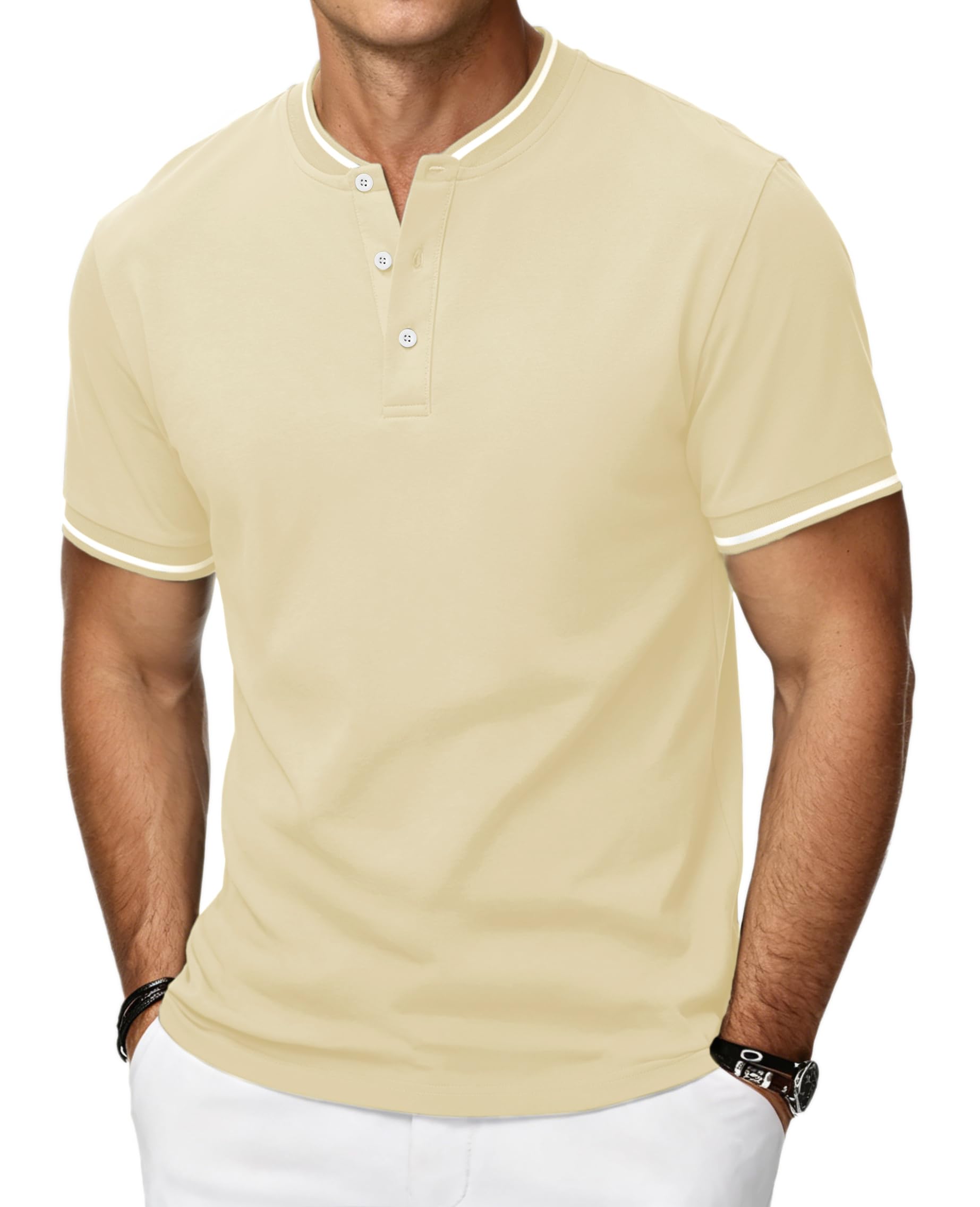 HMIYA Poloshirt Herren Kurzarm Atmungsaktiv Baumwolle Sommer Henley Knopfleiste Kontrastierender Einfassung Basic Golf T-Shirts
