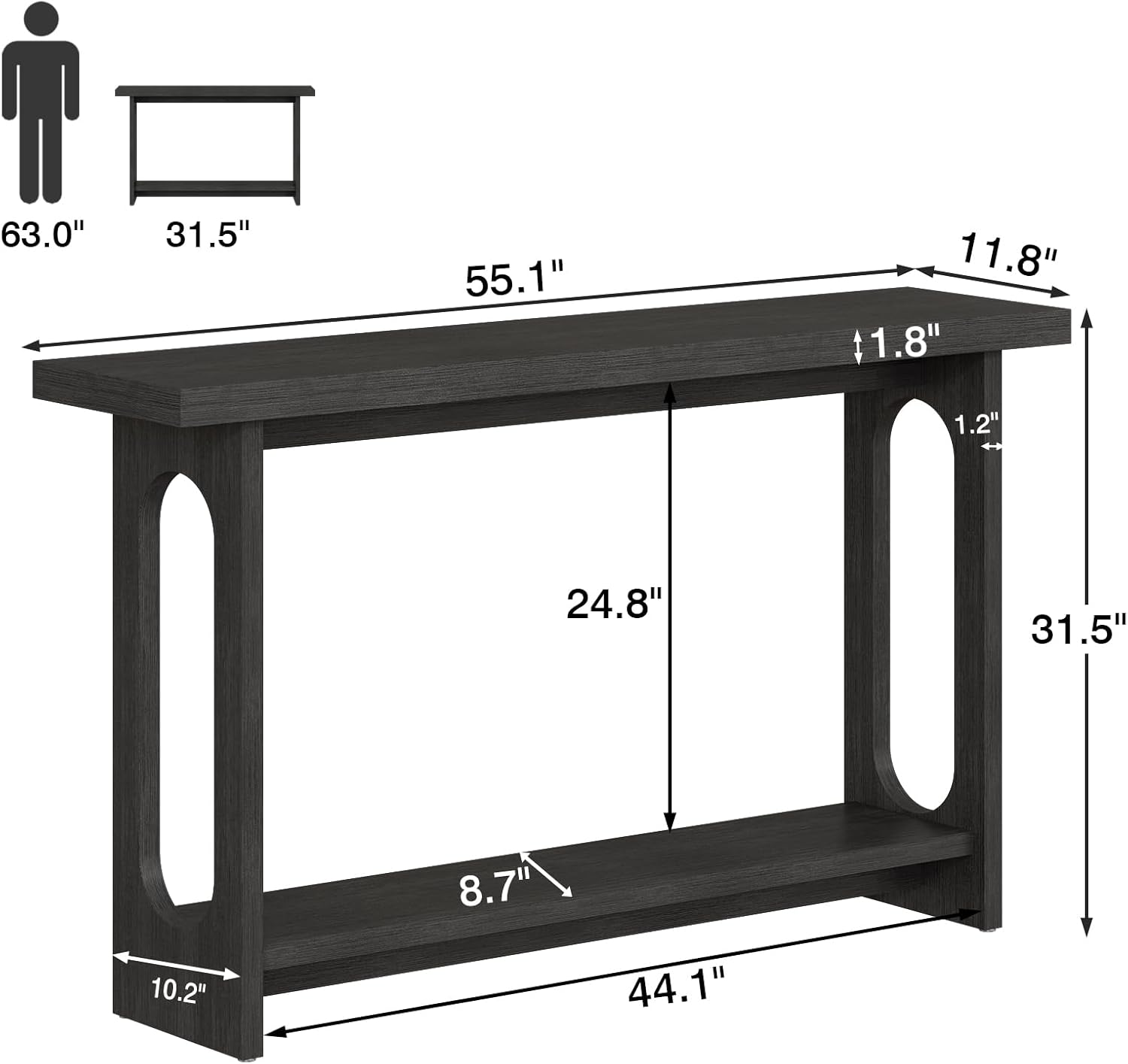 Black Console Table, 55‘’ Wood Entryway Table Narrow Sofa Tables Hallway Tables for Living Room, Entryway, Foyer