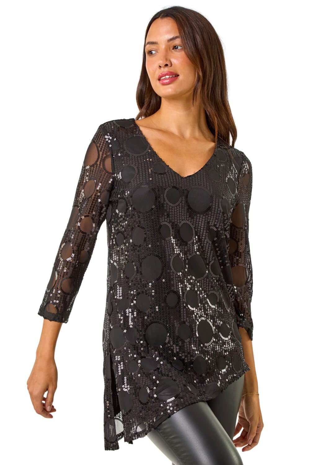 Roman Women's Black Circle Sequin Asymmetric Top Size 10