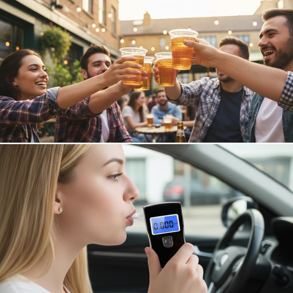 Alkoholtester Digital mit LCD Display, Tragbarer Atemalkoholtester mit Halbleiter-Sensor, Schnelles Alkoholmessgerät mit 20 Mundstücken, Kompakter Promille Tester für Zuhause und unterwegs