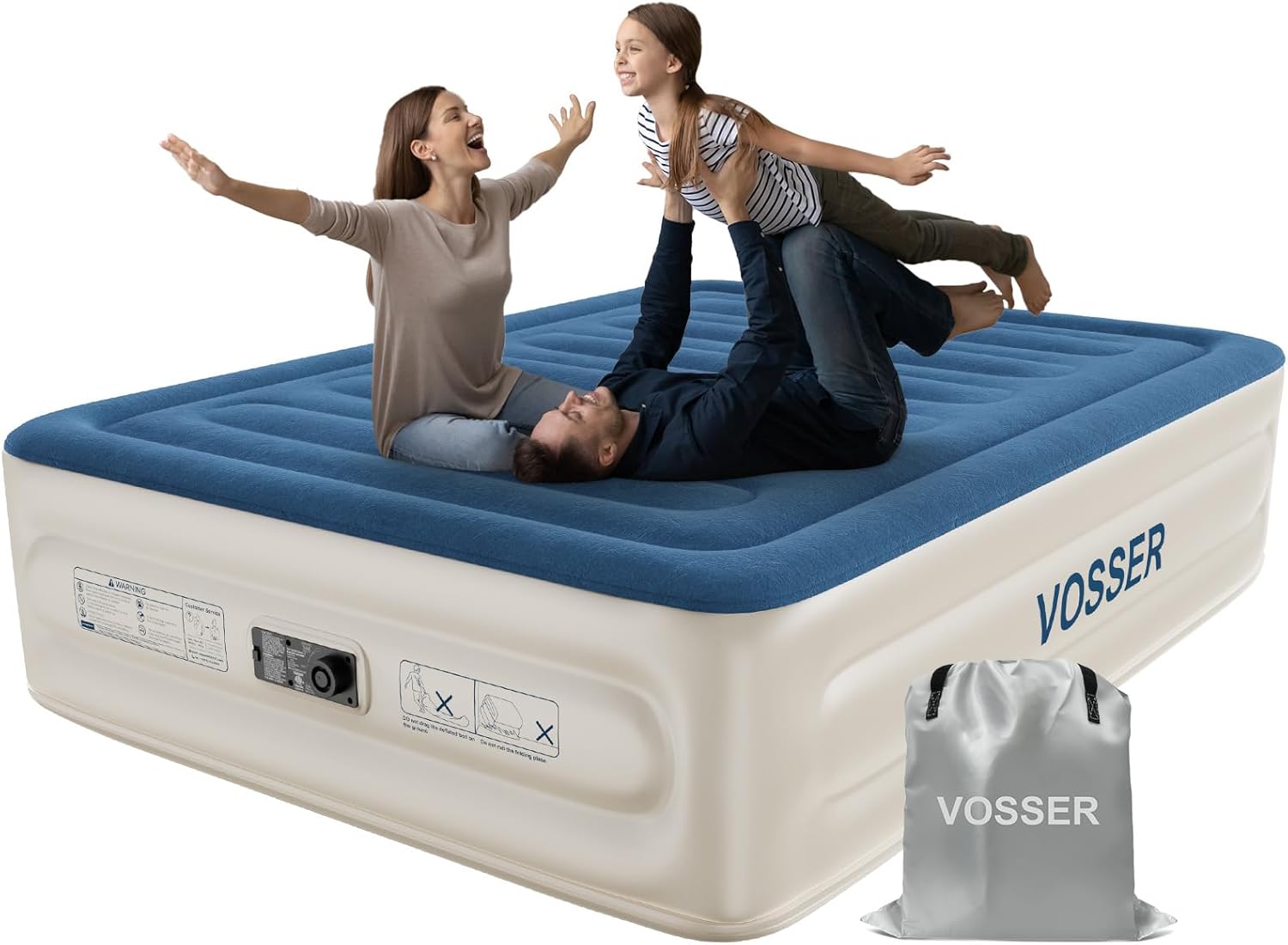 VOSSER Queen Air Mattress with Built-in Pump,18'' Raised Blow Up Mattress, Leak-Proof Air Bed with Storage Bag, Flocked Top Inflatable Mattress for Home, Camping & Guests，660lbs