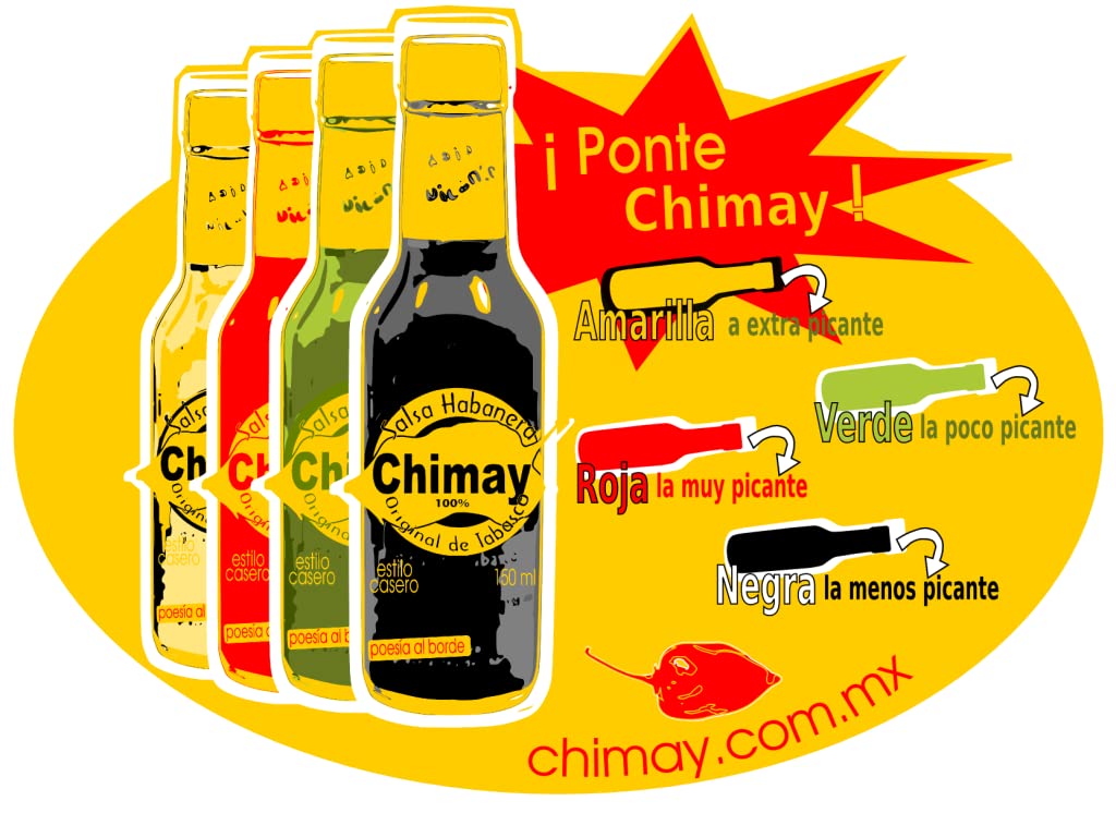 Chimay Chile Habanero Hot Sauce, Red Habanero Hot, Yellow Extra Hot, Black Label Reserve almost not Souce, and Green Habanero little hot, 5 Ounce EA (4 Pack) - Packed in a Box