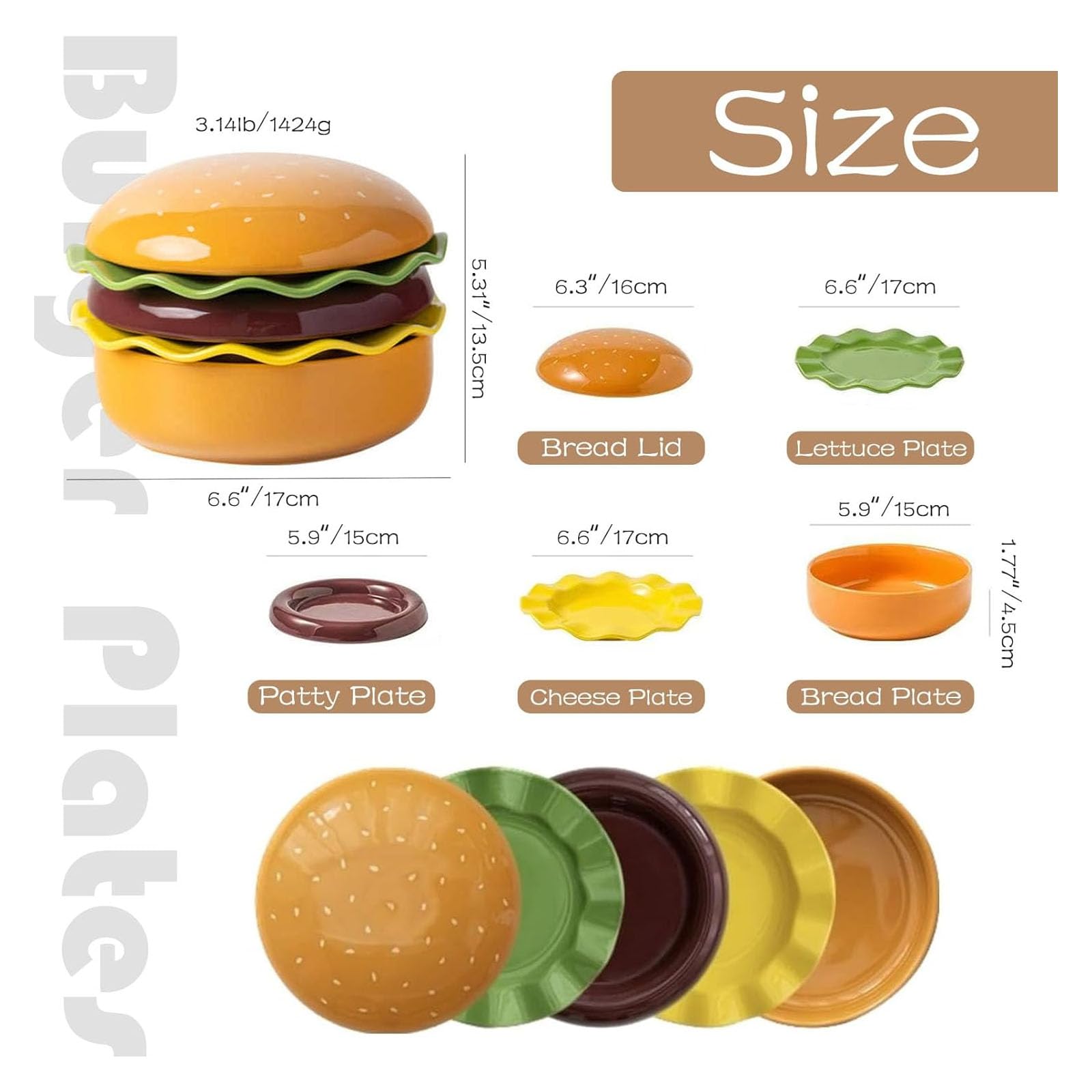 WDXFXY Ceramic Bowls & Plates Sets, Cute Hamburg Style 5-Pieces Dinnerware Sets, Dinner Dessert Plates & Cereal Bowls with Lid. Novel Tableware Gift
