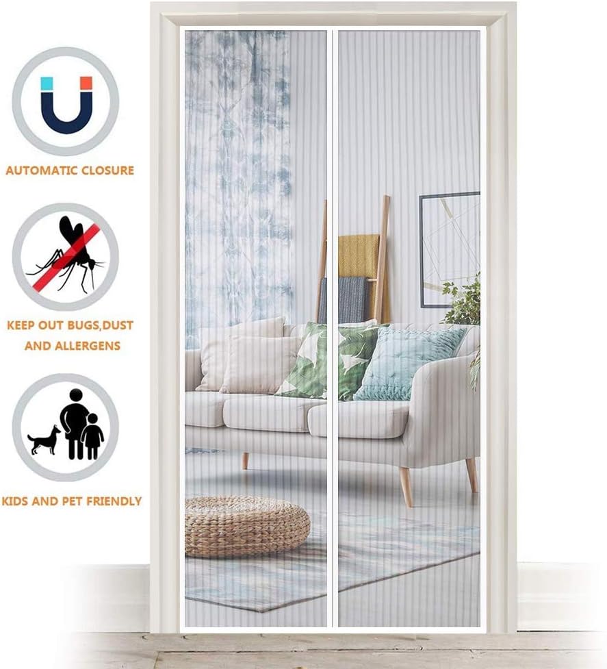 Magnetic Fly Screen Door, Heavy Duty Bug Mesh Curtain with Powerful Magnets and Full Frame Magic Tape, Insect Protection Door No Gap, Keep Bugs Out Lets Fresh Air in, 35" x 82" (White)