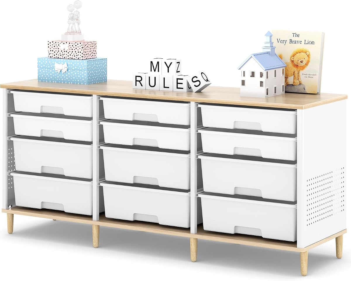 TOOLF 12 Drawers Storage Cabinet with Wooden Top and Plastic Bins, White | Toy Shelf Storage Chest Cubby Organizer, for Home, Office, Playroom, Classroom &amp; Craft Room