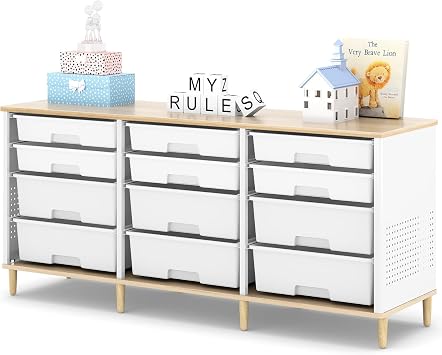 12 Drawers Storage Cabinet with Wooden Top and Plastic Bins, Toy Shelf Storage Chest Cubby Organizer for Home, Office, Playroom, Classroom & Craft Room Storage White