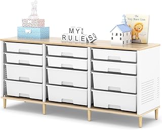 12 Drawers Storage Cabinet with Wooden Top and Plastic Bins, Toy Shelf Storage Chest Cubby Organizer for Home, Office, Playroom, Classroom &amp; Craft Room Storage (White)