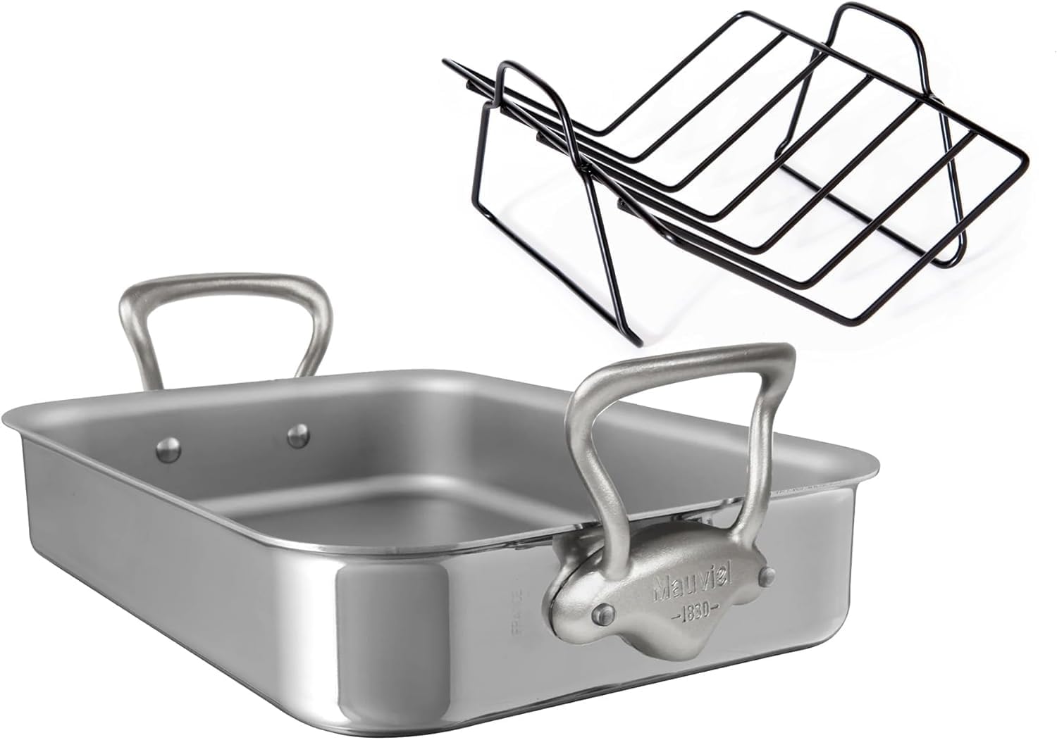 Mauviel Polished Stainless Steel Roasting Pan With Rack, Brushed Cast Stainless Steel Handles, 15.7 x 11.8-in, Made In France