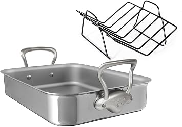Mauviel Polished Stainless Steel Roasting Pan With Rack, Brushed Cast Stainless Steel Handles, 15.7 x 11.8-in, Made In France