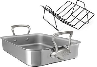 Polished Stainless Steel Roasting Pan With Rack, Brushed Cast Stainless Steel Handles, 15.7 x 11.8-in, Made In France