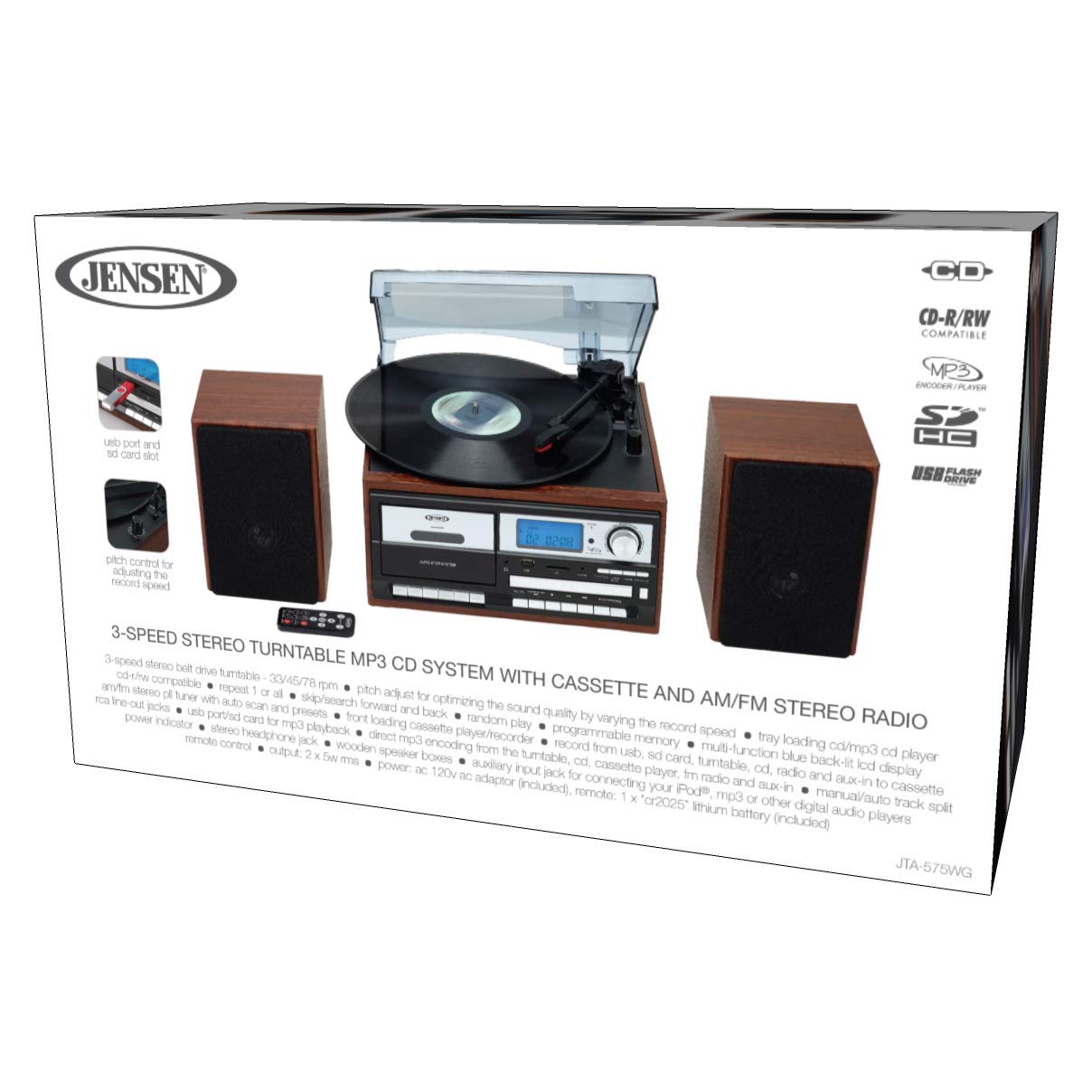 Jensen JTA575W AllinOne Modern Home Record Player Stereo 3Speed