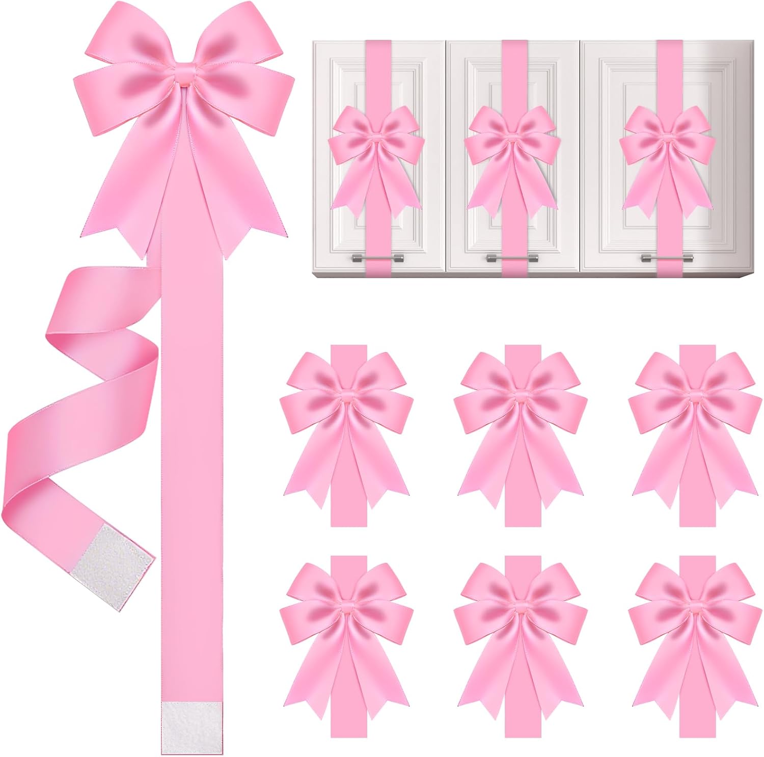 WILLBOND 6 Pieces Pink Christmas Cabinet Ribbons Bows Large Pink Bow Christmas Door Kitchen Cabinet Ribbon Bows Locker for Xmas Holidays Party Decorations Supplies Pink 6