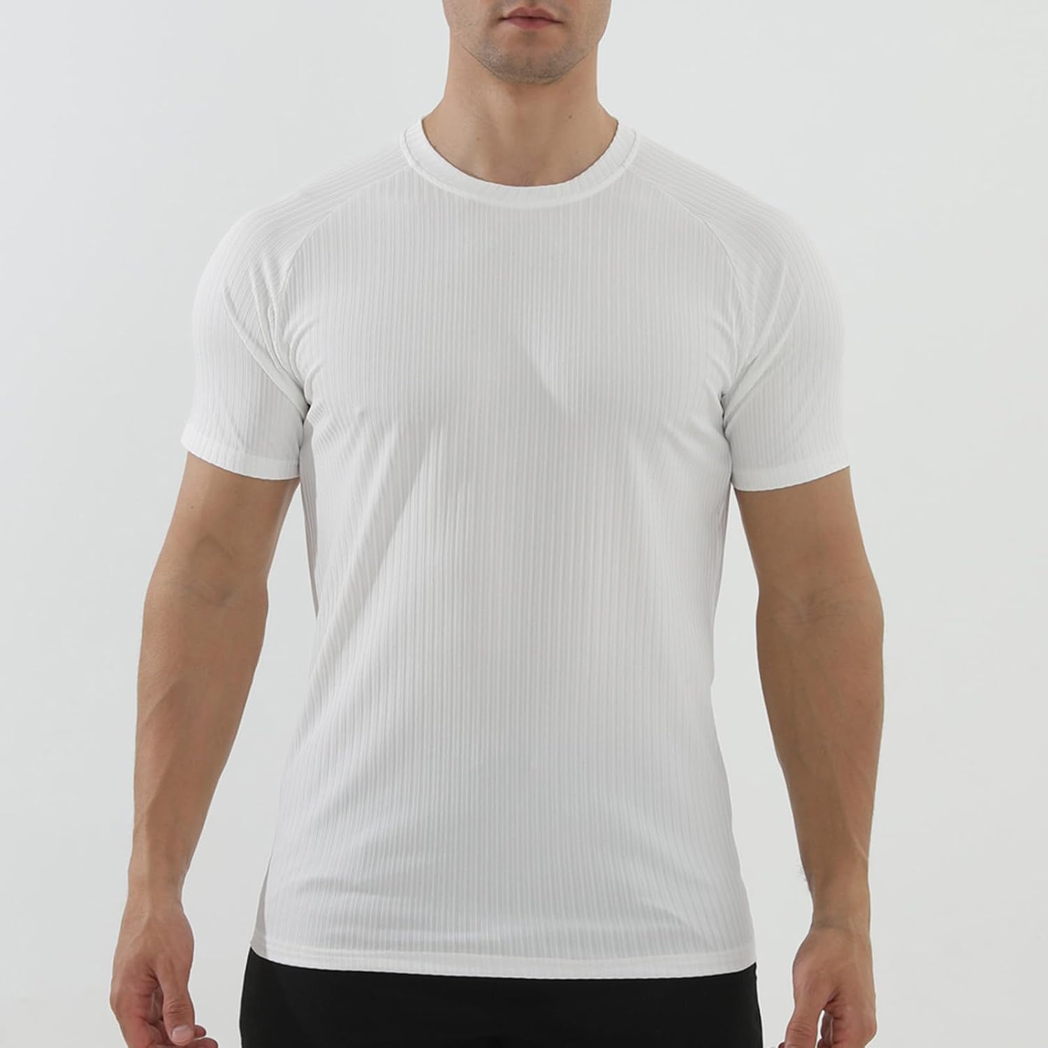 Men's Ribbed Knit T-Shirts Short Sleeve Casual Tops Crewneck Slim Fit Tee Drop Shoulder Solid Color Pullover Tees