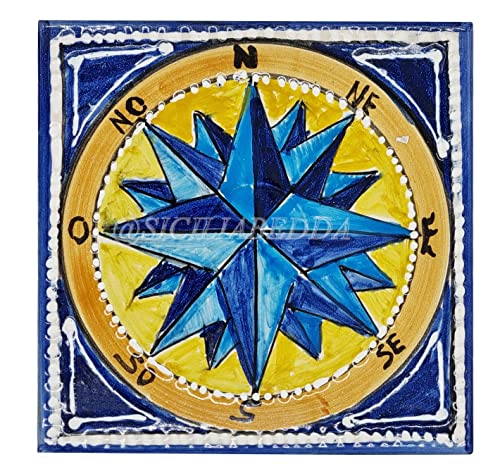 Sicilia Bedda - PIASTRELLA IN CERAMICA SICILIANA - Realizzata e Dipinta a Mano - 15 x 15 x 0.8 CM (Rosa dei Venti Blu)