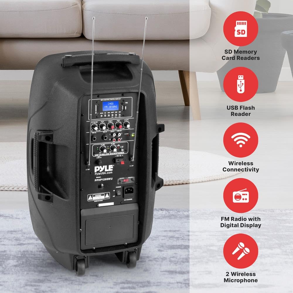 Pyle Altoparlante PA portatile wireless, altoparlante Bluetooth 1000W, subwoofer da 12", doppio sistema PA ad alta potenza, audio a 2 vie, include microfono wireless, ingresso USB/SD, per uso esterno