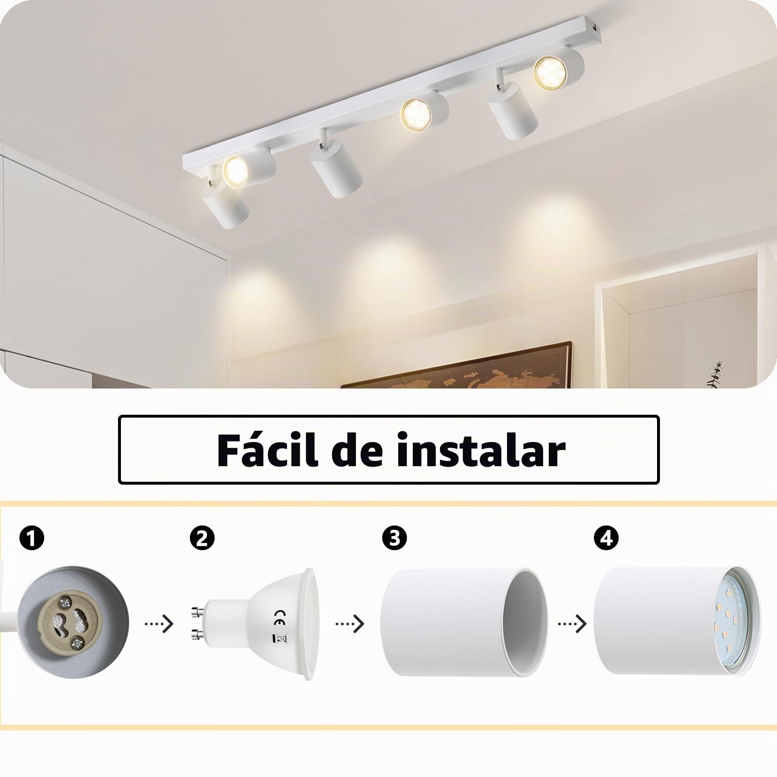 ZMH Lámpara de techo LED blanco Foco de techo: Aplique de techo GU10, 6 llama, pivotante a 330°, Lámpara de techo moderna, Lámpara de pared industrial para salón, dormitorio, cocina, sin bombilla