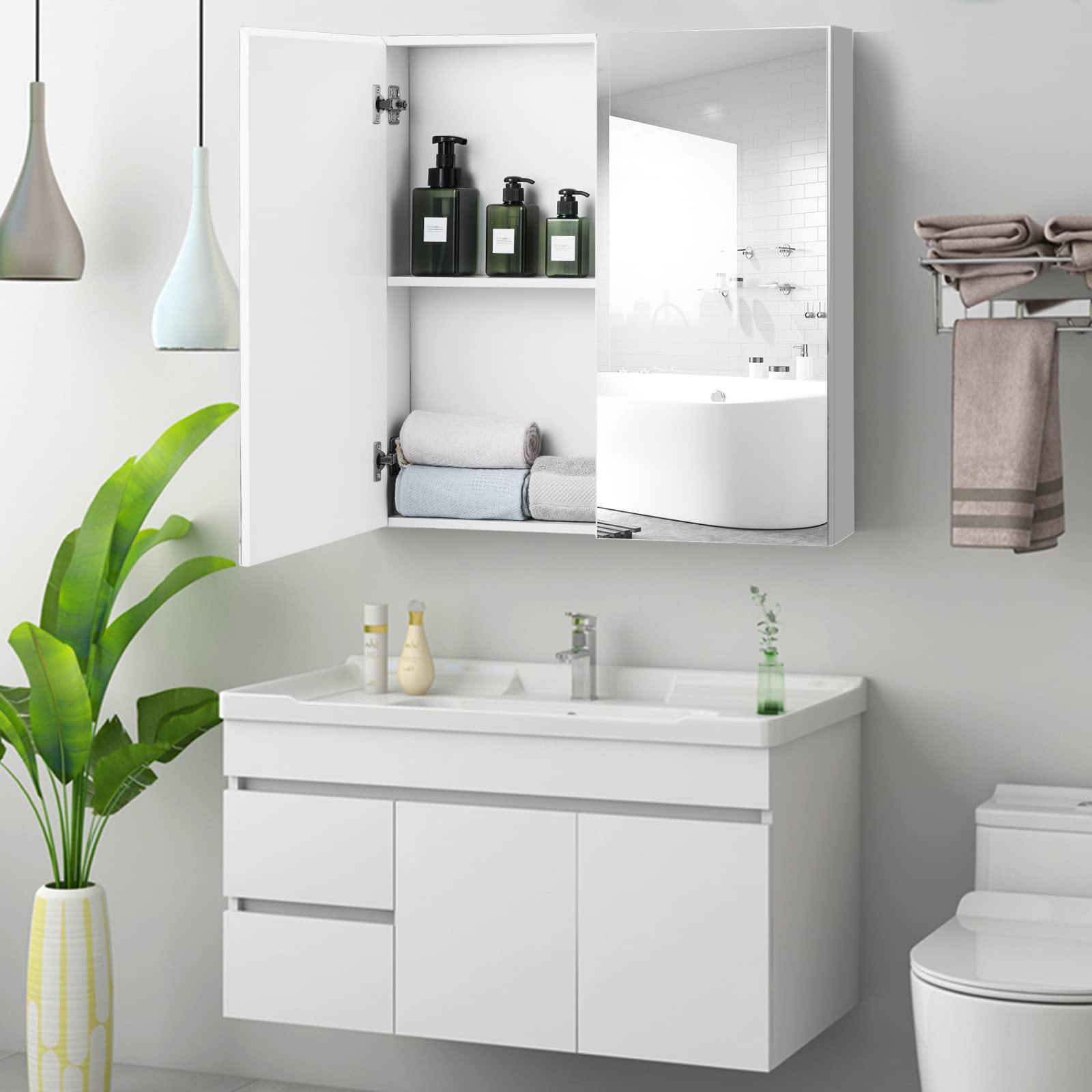 LIFEZEAL Armoire avec Miroir de Salle de Bain, Armoire Murale avec 2 Portes et 2 Étagères, Meuble WC Suspendu, 62 x 11,3 x 65 cm, pour Salle de Bain, Chambre à Coucher (Blanc)