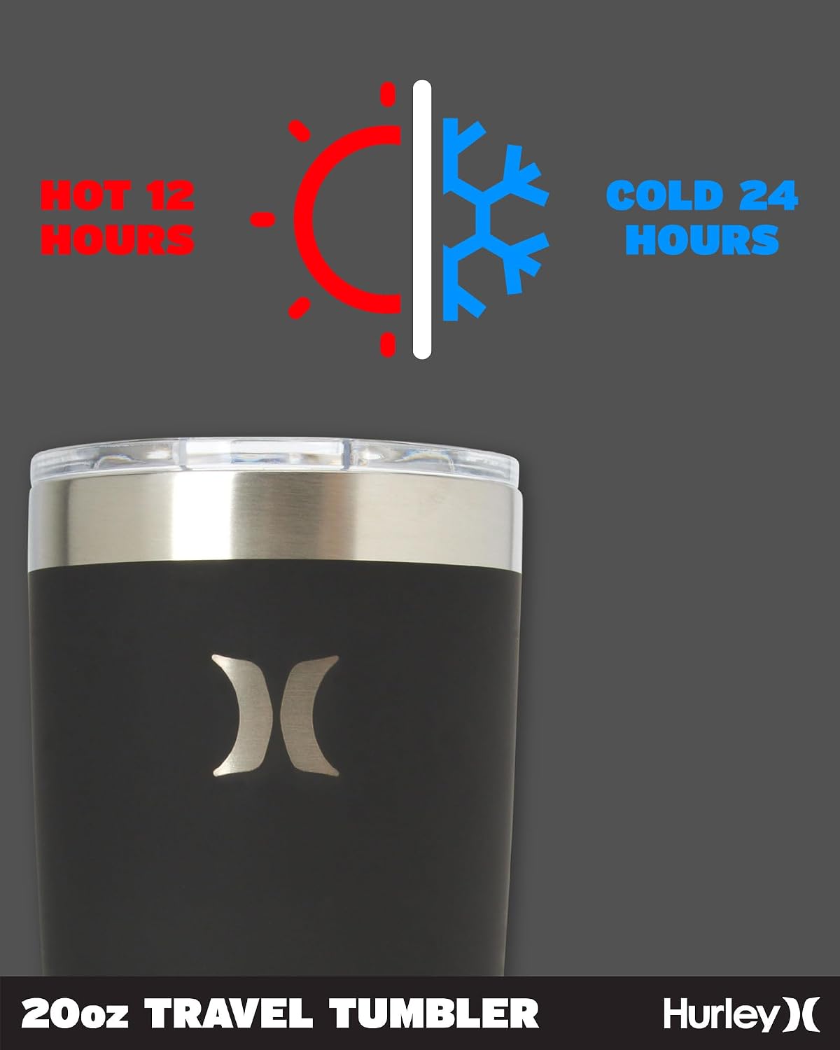 Hurley Tumbler Thermos – 20oz Double Wall Vacuum Insulated Travel Mug – BPA Free Stainless Steel Water Bottle – Leak Proof Hot and Cold Coffee Car Cup, Size 20 oz, Black
