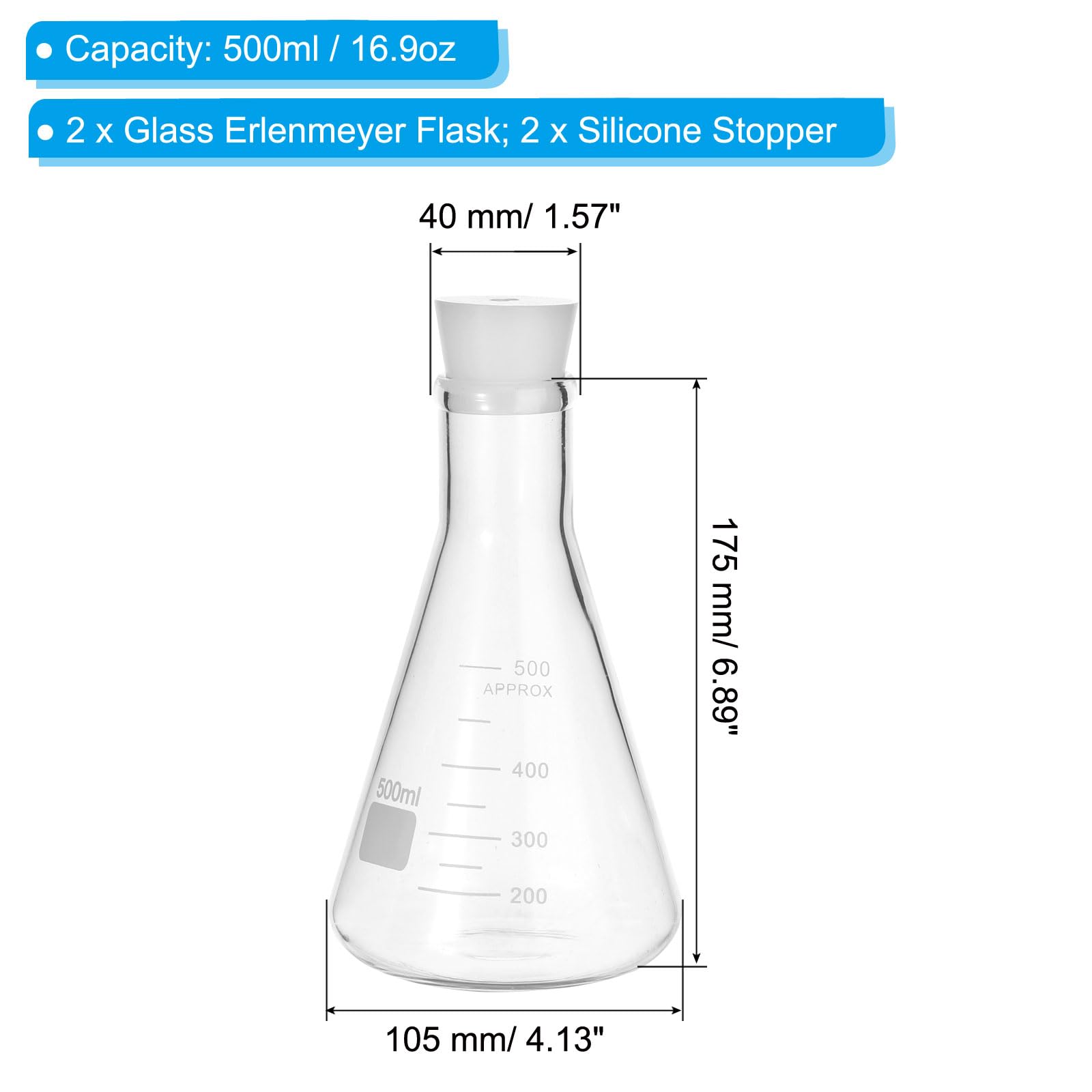 PATIKIL Erlenmeyer Flask, 2 zestawy 500 ml 16,9 uncji Narrow Mouth Graduated Flasks z silikonowym stoperem borokrzemowym szkło kłębki z nadrukiem ukończenia szkoły dla eksperymentu laboratoryjnego