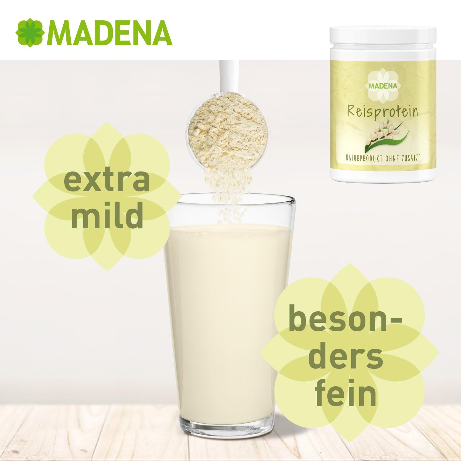MADENA Reisprotein, 87% Proteingehalt, 1 Kg Vegan Protein, Extra mild, Besonders fein, 100% Proteinisolat, Veganes Protein, Glutenfrei, laktosefrei