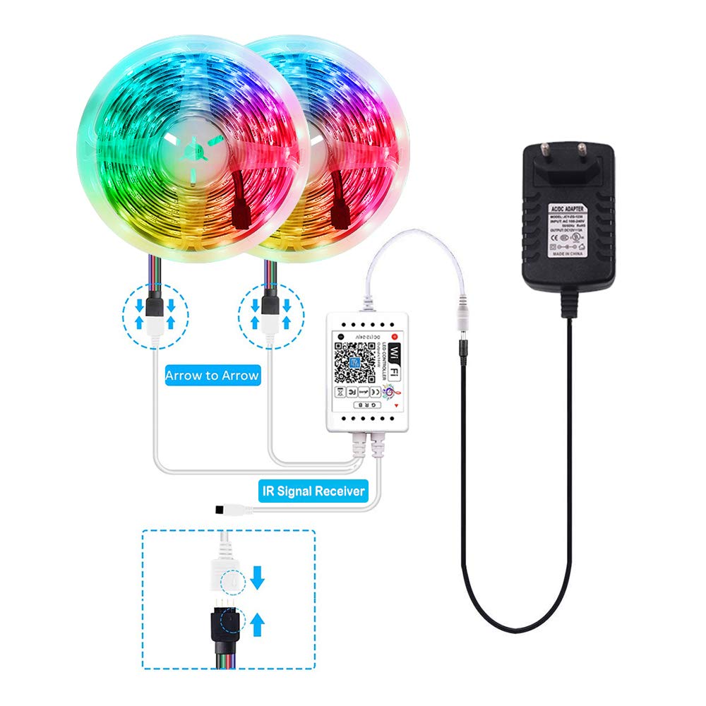 XUNATA Kit de Tira de LED RGB de Música de 12 V versión WiFi- Tira de luz Autoadhesiva SMD 5050 30LEDs/m, Control remoto, Fuente de Alimentación (15m, Impermeable)