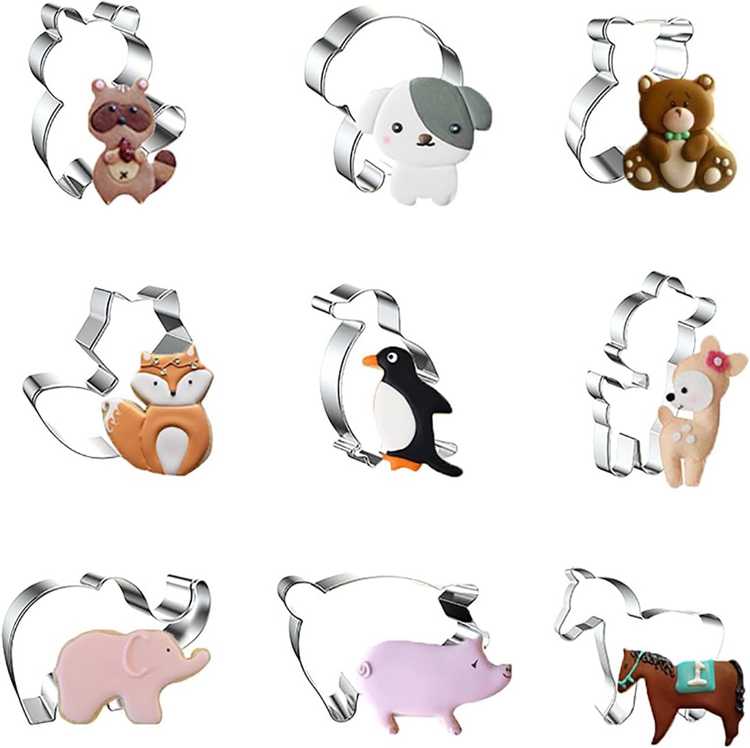 Animal Cookie Cutters 9 Piece Set – Raccoon Dog Bear Fox Penguin Deer Elephant Pig Horse - b