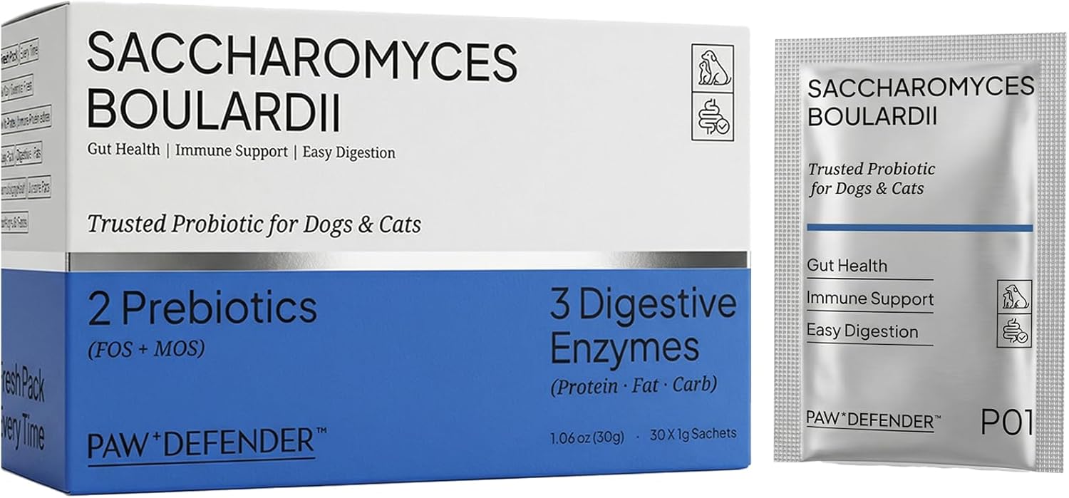 3-in-1 Dog Probiotics and Digestive Enzymes Powder - S. Boulardii with Prebiotics (FOS+MOS) for Dogs & Cats - Support for Occasional Diarrhea, Gut Health & Immunity - 30 Packs