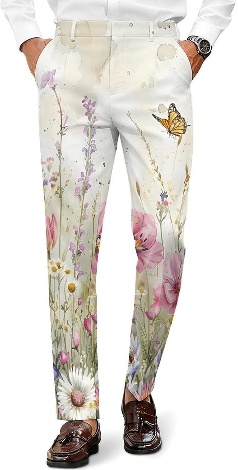 Watercolor Wildflowers Butterflies Men's Classic Fit Suit Pants Straight Leg Design Printed Trousers
