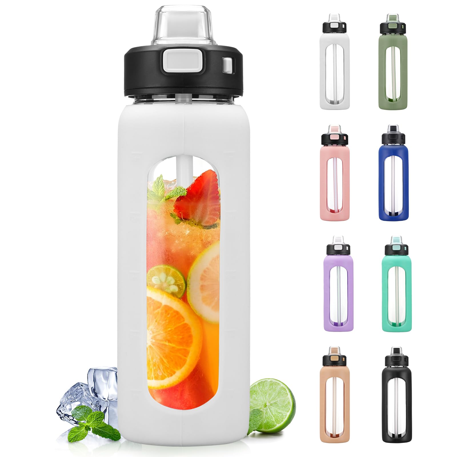 BLUEGO 700ml Bottiglia d'acqua in vetro con manico e cannuccia con manicotto in silicone per sport da palestra all'aperto Bottiglia d'acqua motivazionale a prova di perdite, Bianco