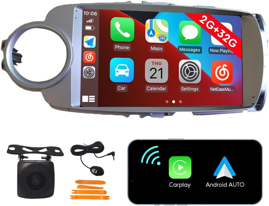 [2G+32G] 9" Carplay Android Auto Touchscreen Autoradio Car Stereo GPS Navigation FM Radio Head Unit WiFi Mirror Link Multimedia Player GPS Radio DSP Fortoyota Yaris 2012-2017