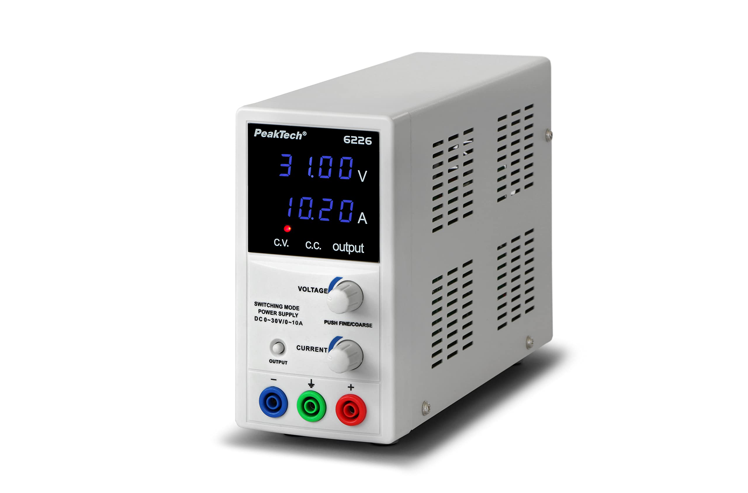 PeakTech P 6226 – Labornetzteil 0-30V/ 0-10A, Regelbar, Labornetzgerät DC mit Blauer 4-Stelliger Anzeige, Stabilisiertes Schaltnetzteil, Überlast- und Kurzschlussfest, schmale Bauform