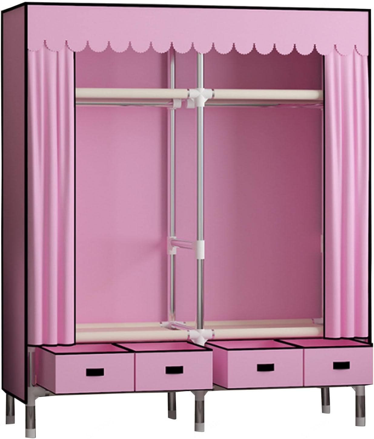 Portable Canvas Wardrobe, Fabric Wardrobe with Hanging Rail, Shelves, Clothes Closet Storage Organizer, Fabric Wardrobe for Bedroom,Pink-140x45x168cm