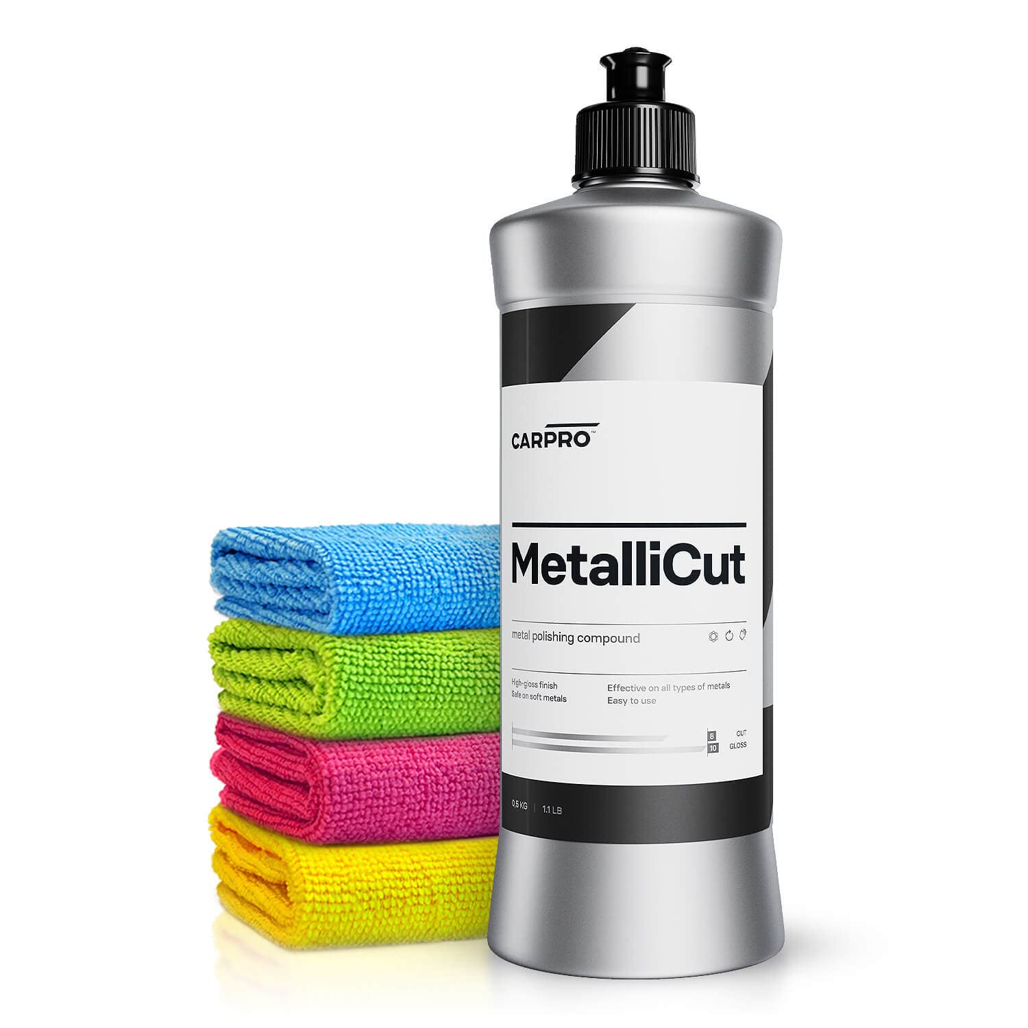 Autopolitur Set: CarPro Metallicut Metallpolitur (500g) - Gründliche Reinigung von Edelstahl, Aluminium, Chrom, Kupfer, Silber - verleiht Auspuff, Kühlergrill, Zierleisten strahlenden Glanz | 5-teilig