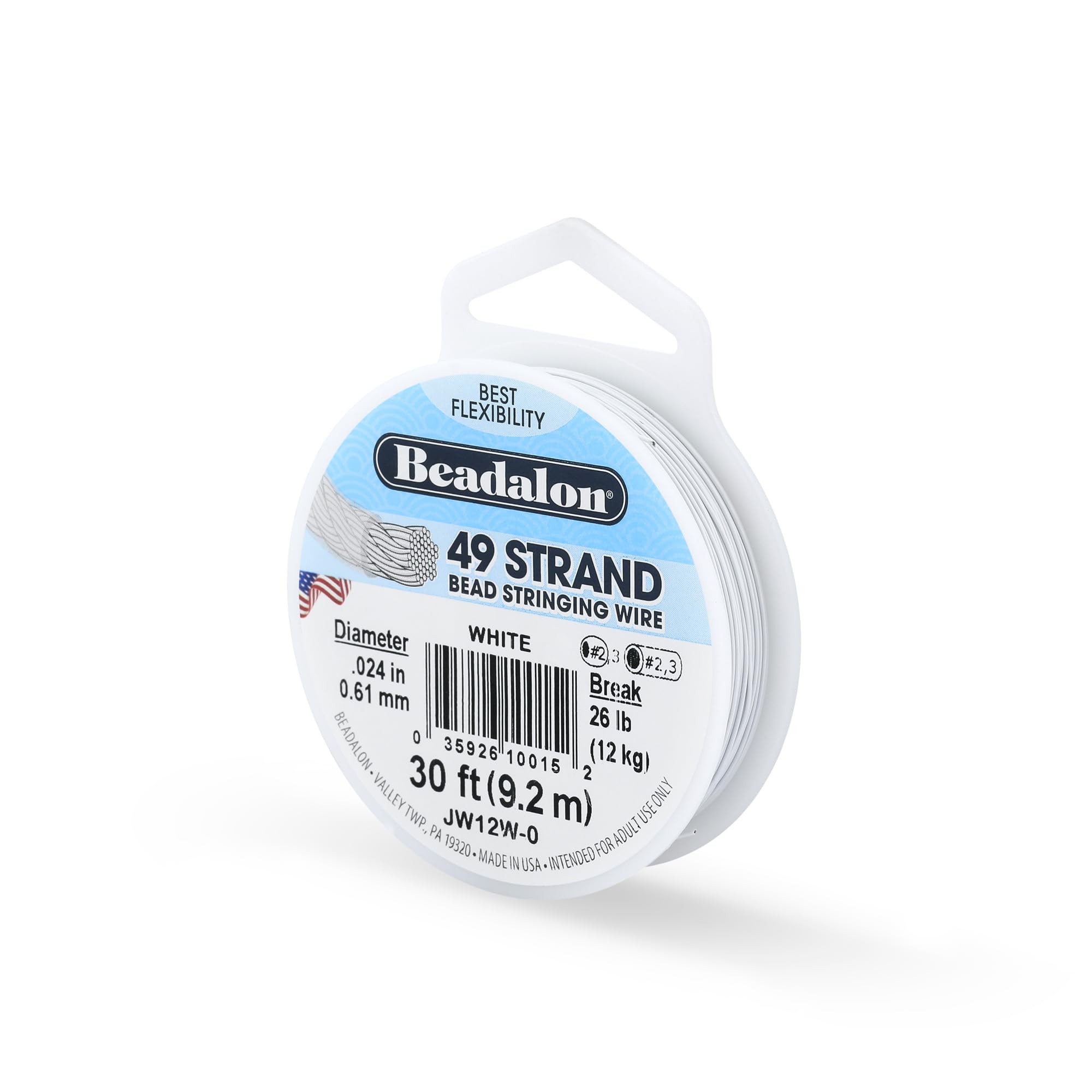 Beadalon White 49-Strand Bead Stringing Wire, 0.024-Inch, 30-Feet