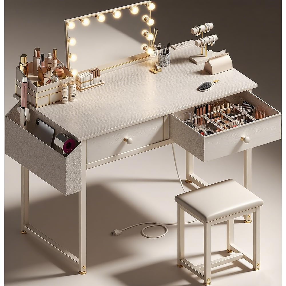 White Makeup Vanity Desk No Mirror with Chair, Small Vanity Table Set with Fabric Drawers, Power Outlet & Chair Without Mirror, Modern Make Up Desk for Girls Bedroom