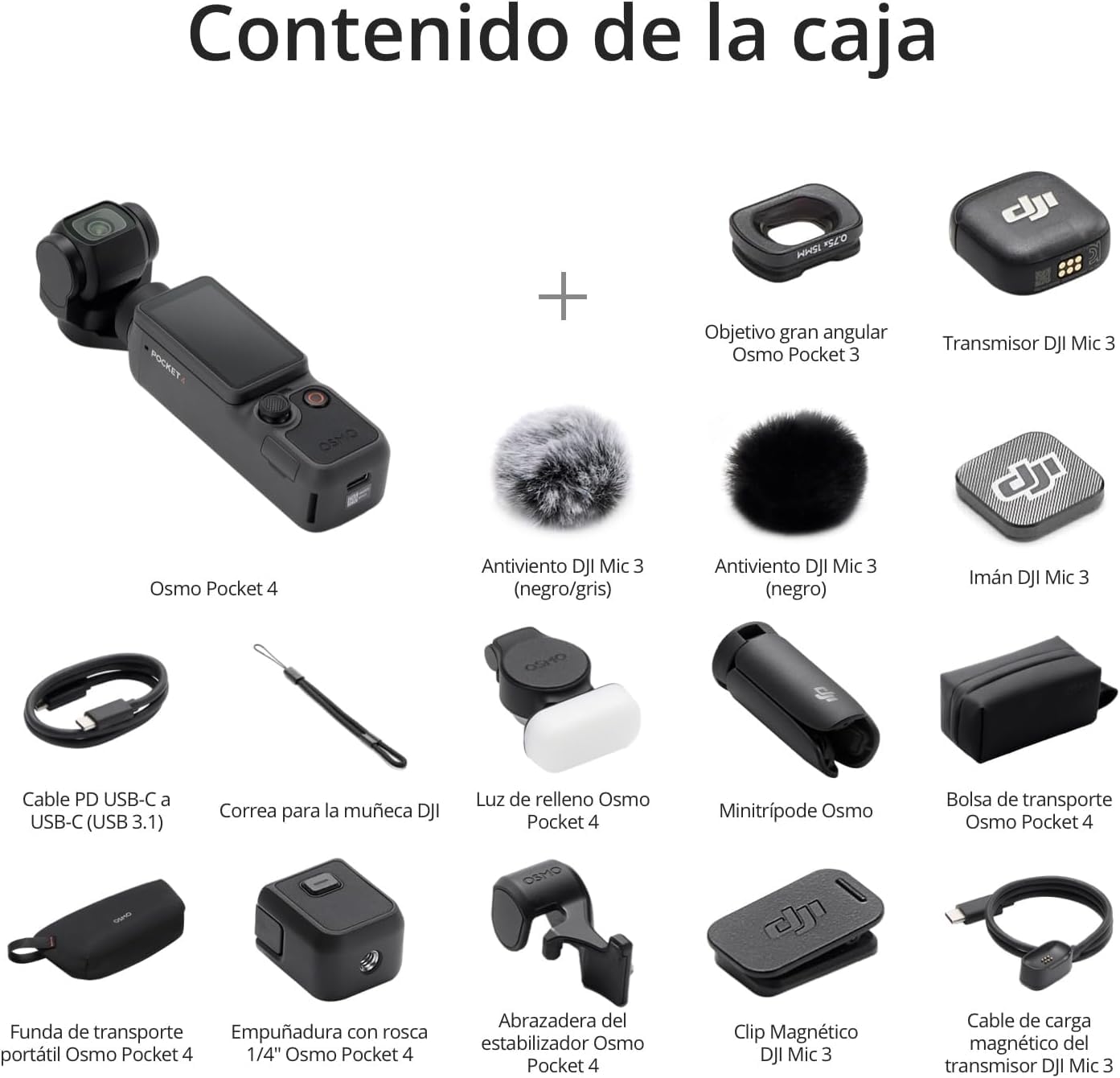 Pack para Creadores dji Osmo Pocket 4, cámara para videovlogs de Bolsillo con estabilizador, 1″ CMOS y 4K/240 fps, estabilización de 3 Ejes, Zoom 2× sin pérdidas, Almacenamiento Interno de 107 GB