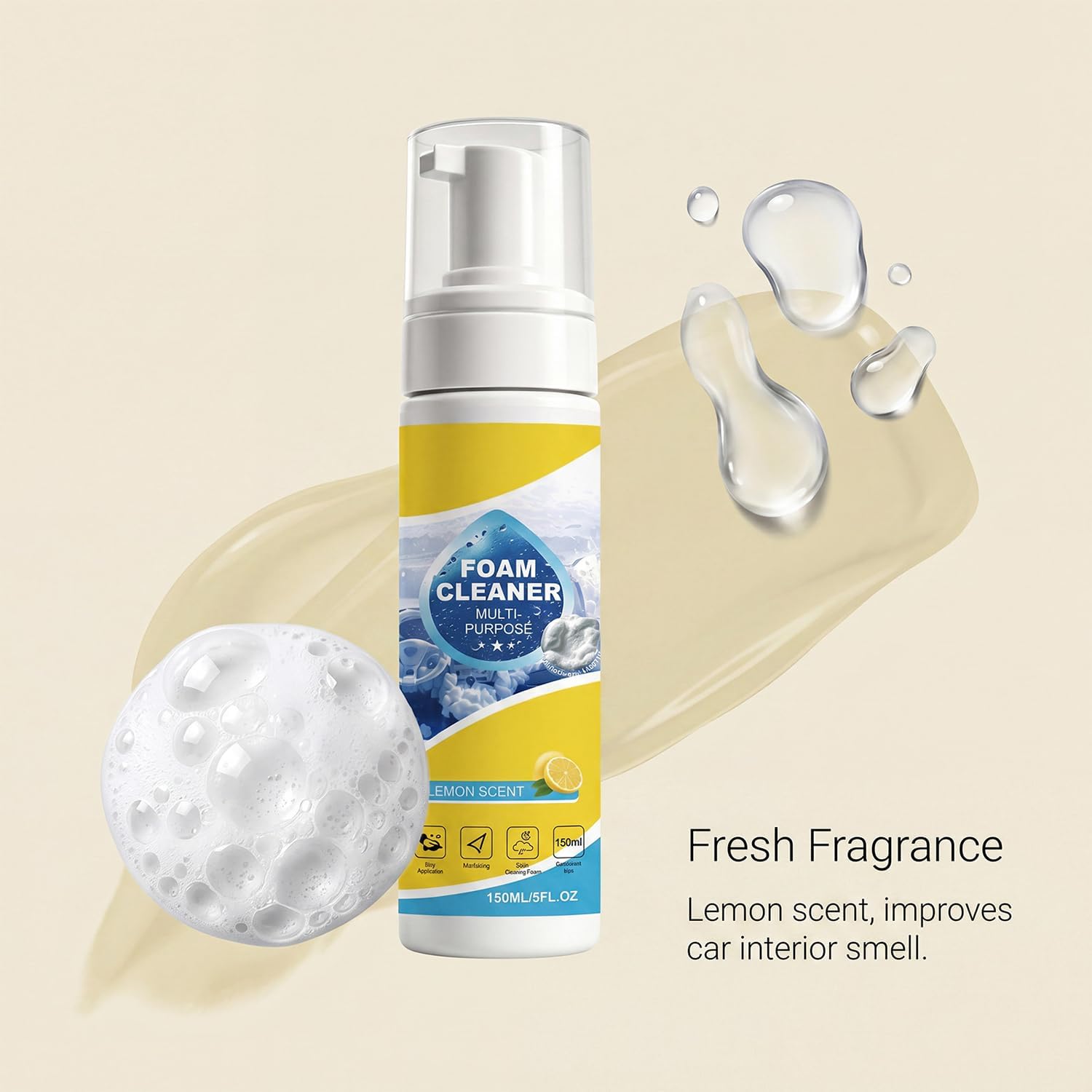 4-in-1 Multi-Enzyme Foam Cleaner, New Foam Non-Rinse Cleaner, with Lemon Fragrance, Including A Cleaning Sponge and Microfiber Cloth, for Deep Cleaning of Car Seats, Shoes, Sofas and Bags（1pcs）