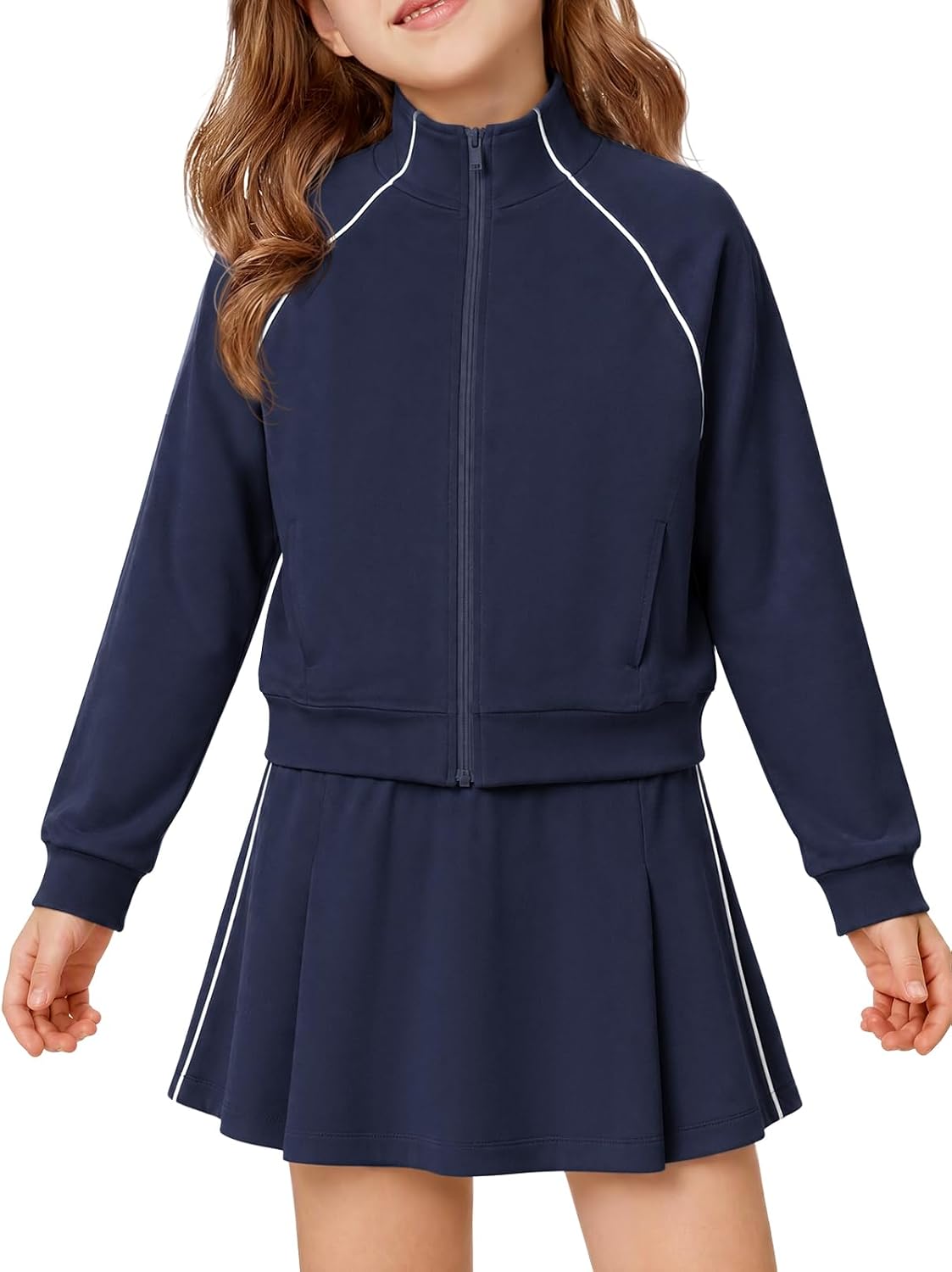 Haloumoning Girls 2 Piece Skirt Set Zip Up Jacket and Skorts Fall Outfits