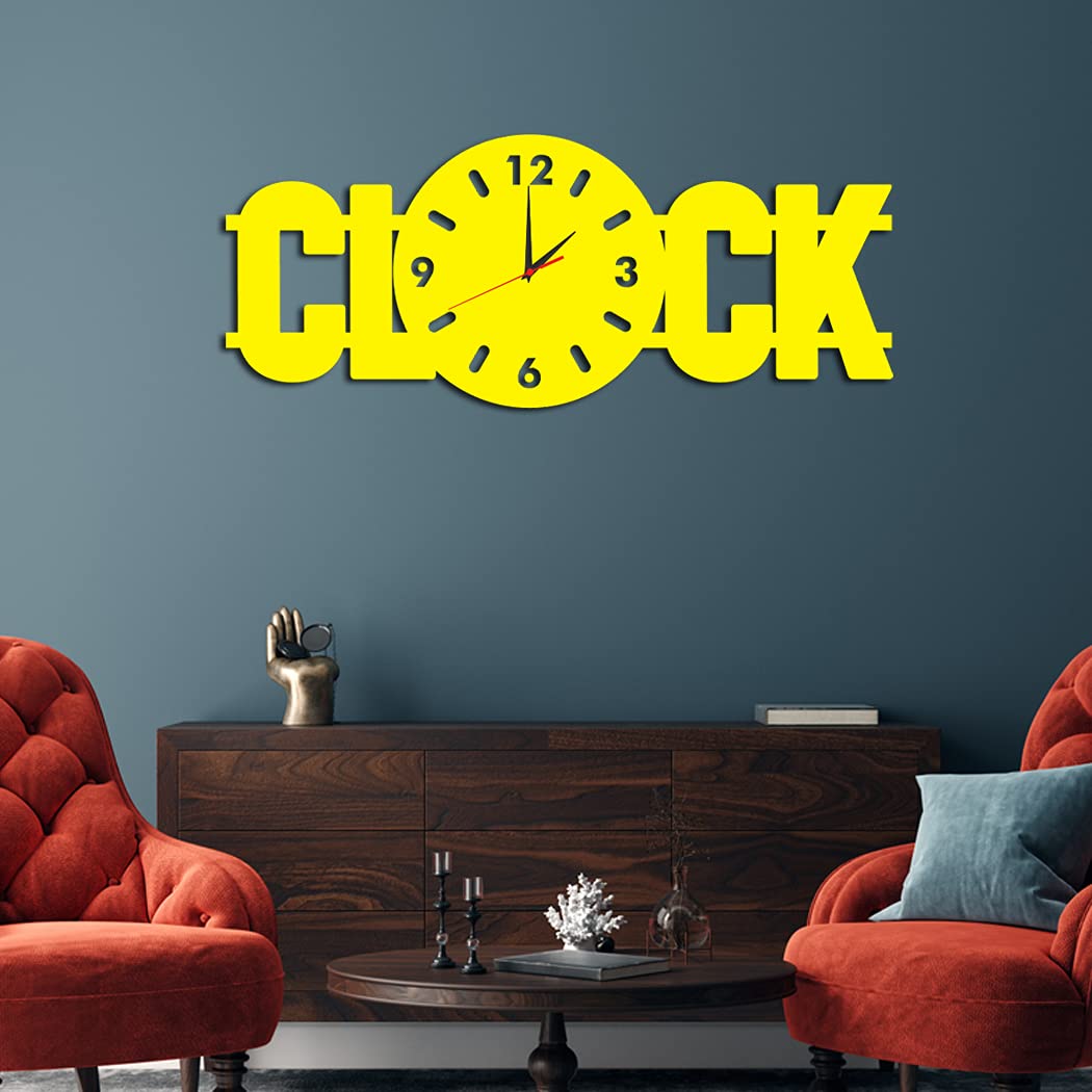 Buy DecoreMantra Yellow Clock Word Shape Wood Analog Wall Clock Online