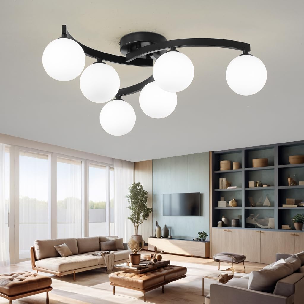 Glass Globe Dining Room Semi Flush Mount Ceiling Light Fixture,Mid Century Modern 6 Light Sputnik Black Metal Chandelier for Bedroom Living Room Kitchen Office Foyer Lighting 23.6"