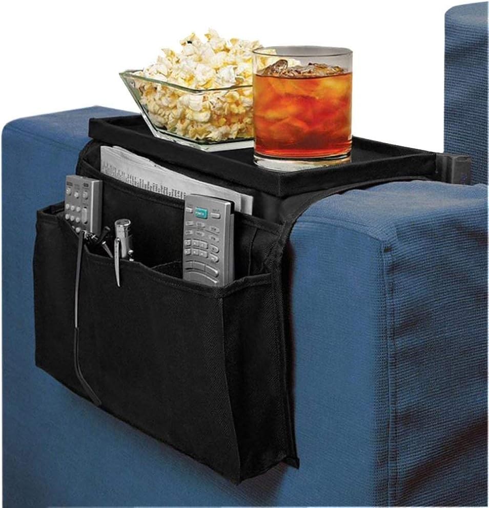 5 Pockets TV Remote Control Holder Couch Sofa Tray Armrest Organiser Oxford Chair Couch Caddy Sofa Armrest Bag Bedside Storage Hanging Organiser for Magazine Books Snack Mobile DVD Cellphone Drinker image 2