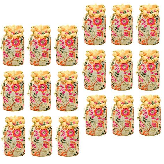 Ankit Traders White Golden Floral Design with Big Beads Handle Potli Batwa Bag Bridal Purse Women Handbag Shagun Pouch Return Gifts Beads Handle, (Pack of 18) (B0BRXTM486) Amazon Price History, Amazon Price Tracker