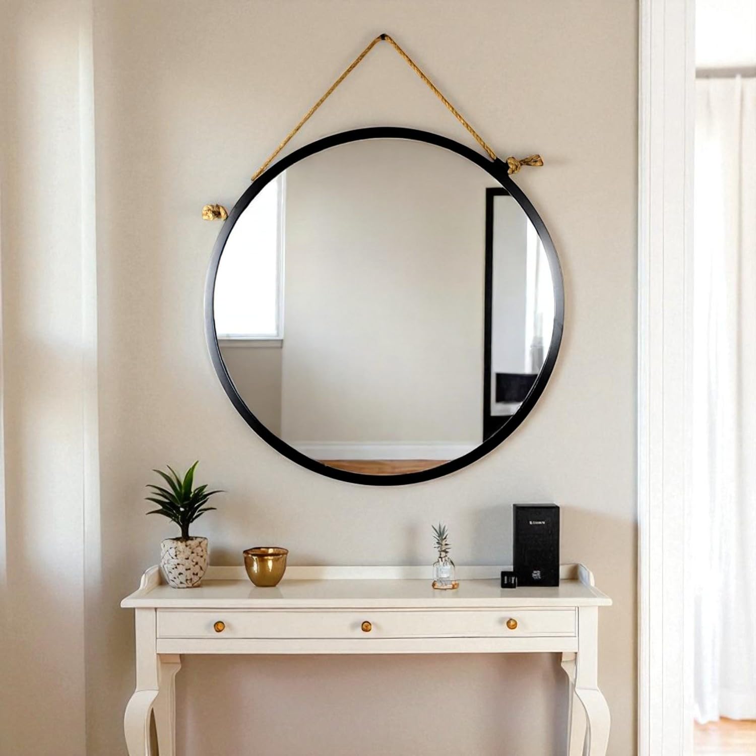 24 Inch Round Black Wall Mirror with Rope Hanger – Rustic Metal Frame Mirror for Bathroom, Bedroom, Entryway & Living Room-image-20