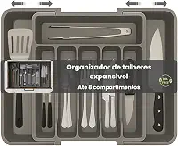 Porta Talheres Expansível, Organizador Grande Para Gaveta Ajustável, Cor Cinza Polipropileno, 8 Divisórias, Design Moderno Multiuso Ideal para Cozinha.