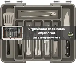 Porta Talheres Expansível, Organizador Grande Para Gaveta Ajustável, Cor Cinza Polipropileno, 8 Divisórias, Design Moderno Multiuso Ideal para Cozinha.