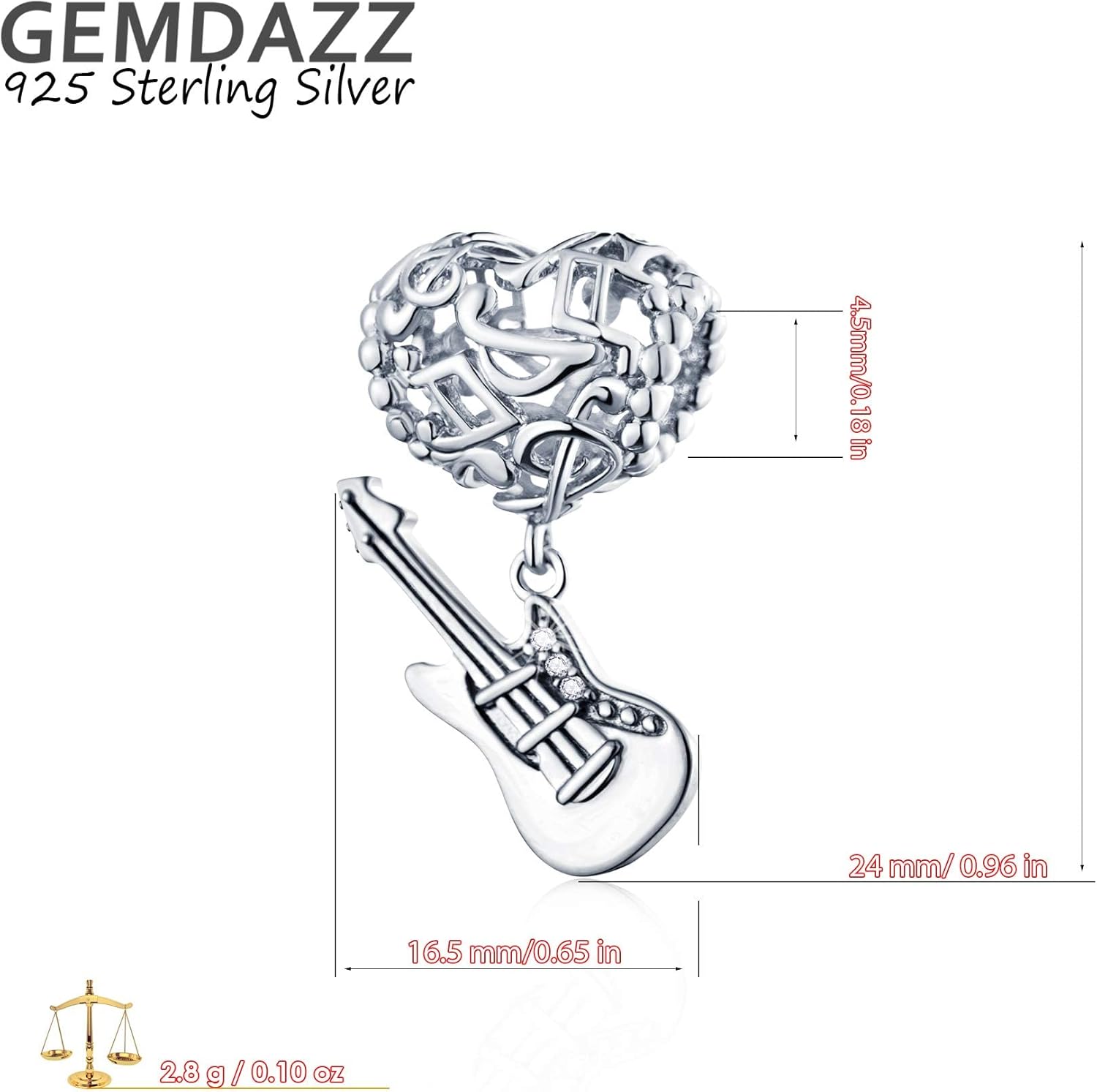 GEMDAZZ Music Guitar and Girl Sitting on Moon Charm Set in 925 Sterling Silver, Fit Bracelet, Birthday Gift for Sister/Daughter