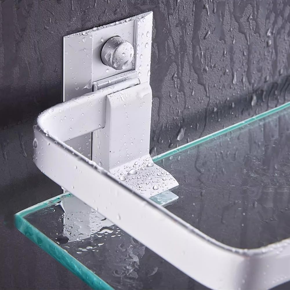 LUUYYI Estante de baño de cristal, estante de ducha de vidrio de 15.7 pulgadas con riel de aluminio, estante de ducha flotante sin taladrar, moderno estante de baño montado en la pared, estantes